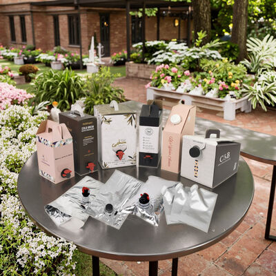 Bolsas BIB personalizadas en caja con grifo dispensador, ideales para envasar vino, zumo, aceite y otros productos líquidos