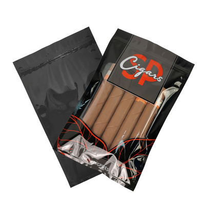 Bolsas de humidor para cigarros de impresión personalizada con sistema de hidratación y cierre con cierre por cremallera