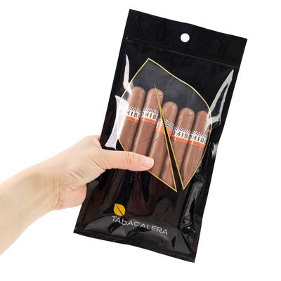 Embalaje personalizado de plástico PET PE a prueba de humedad, bolsa Mylar reutilizable con cierre zip, diseño vertical para tabaco, cigarros y estampado en caliente.