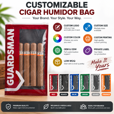Bolsas de cigarros ligeras y compactas con láminas de humedad en el interior diseñadas para mantener la frescura del cigarro durante el viaje