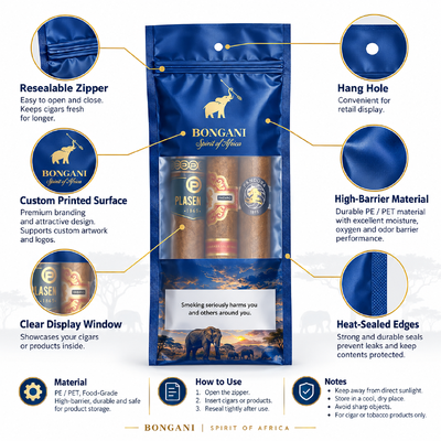 Bolsa humidificadora para cigarros de 0,09 mm de grosor, compuesta de materiales TPU y PE de grado alimenticio que proporcionan control de humedad para cigarros