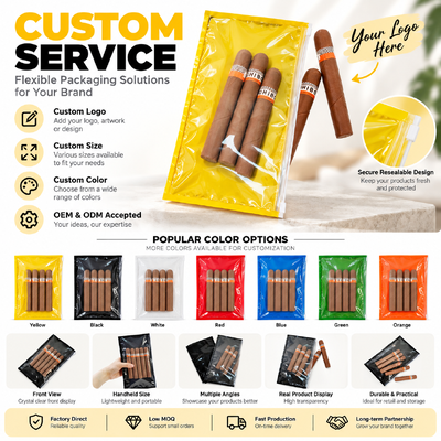 Bolsas para cigarros de plástico TPU y PE de grado alimenticio integradas con lámina de humedad interior que proporciona control de humedad y conservación de cigarros