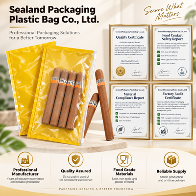 Bolsas para cigarros de plástico TPU y PE de grado alimenticio integradas con lámina de humedad interior que proporciona control de humedad y conservación de cigarros