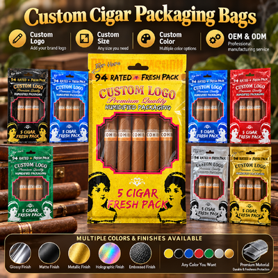 Bolsas de cigarros con diseño Ziplock, empaque personalizado a color, diseñadas para proteger los cigarros de factores ambientales