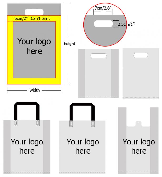 HDPE/LDPE cortó bolsos plásticos de encargo de la venta al por menor con tintas de la mercancía de la manija del remiendo con propio logotipo